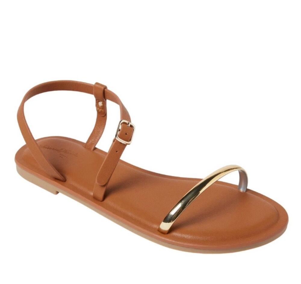 Cognac Gold Bar Flat Sandals Ankle Strap NWOT Size 7